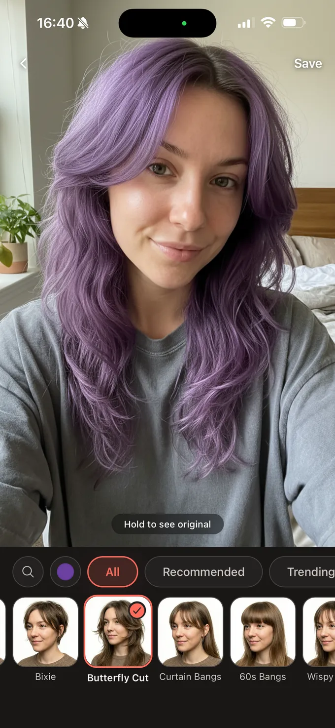 Comby AI hairstyle preview showing a realistic wispy bangs style generated on a real face